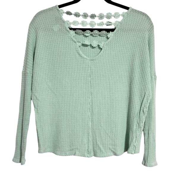 Y2K Top Womens XS Mint Green Waffle Knit Long Sleeve Shirt With Floral Lace Back - Picture 3 of 8